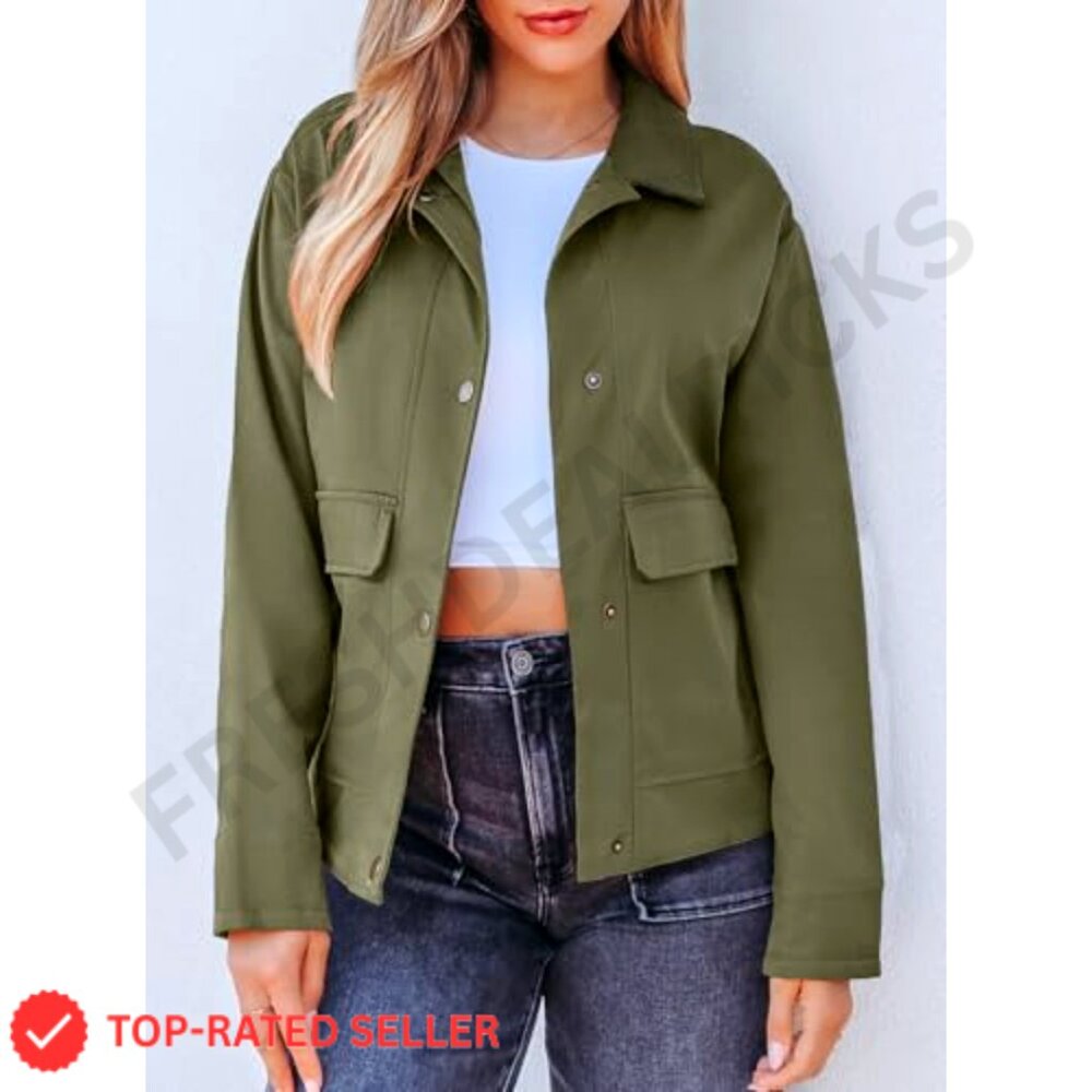 Lightweight Cropped Shacket Button Down Coat With… - image 5